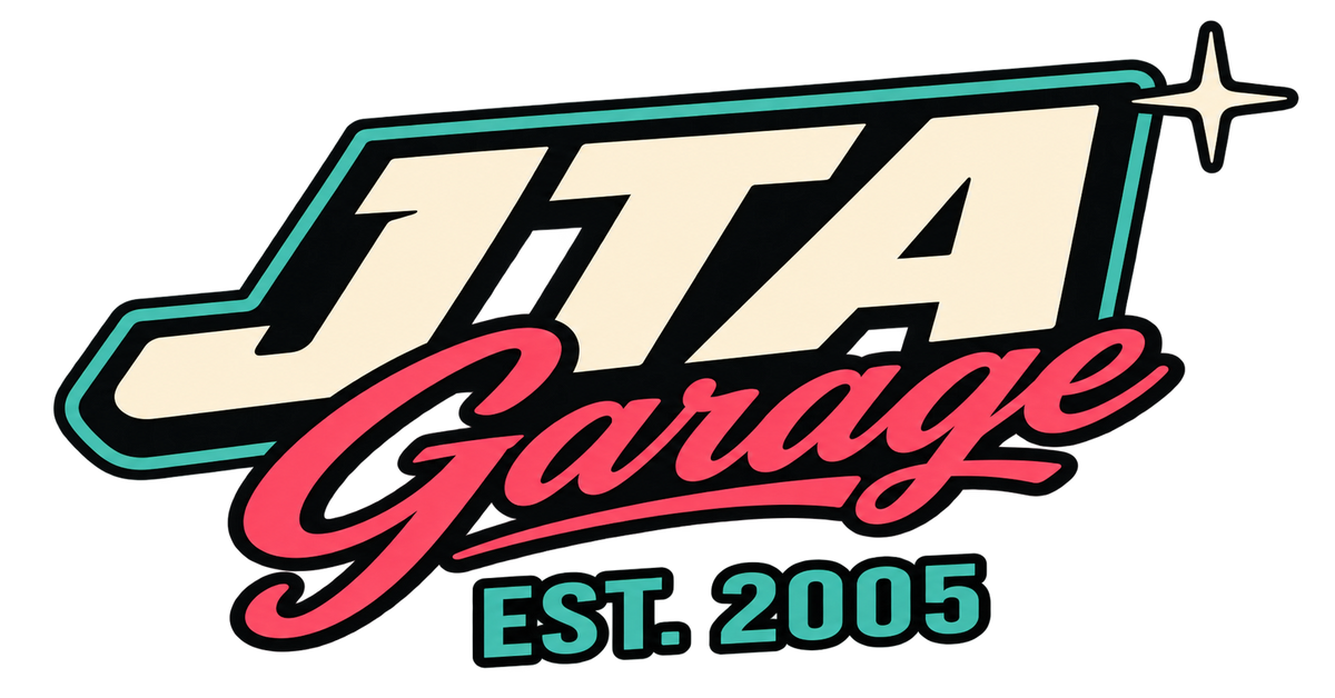JTA Garage logo in cream, coral and turquoise