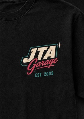 JTA Garage logo in cream, coral pink, and turquoise