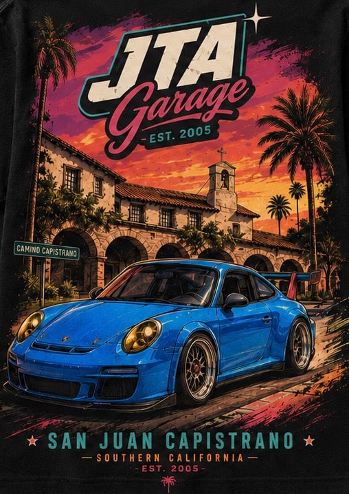 JTA Garage San Juan Capistrano artwork with a blue Porsche, palms, and a coral sunset